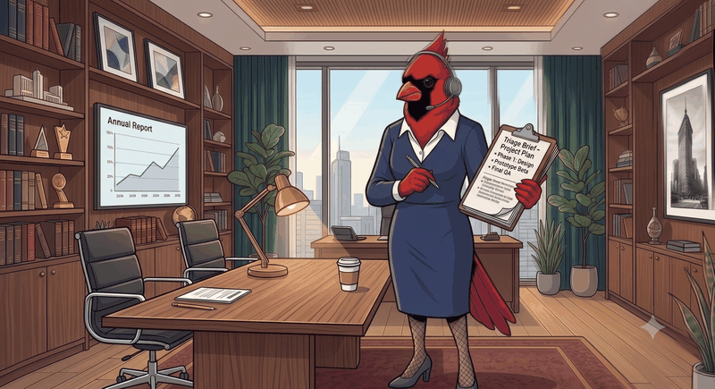 Chief of Staff agent — cardinal mascot in professional office attire with headset and brief