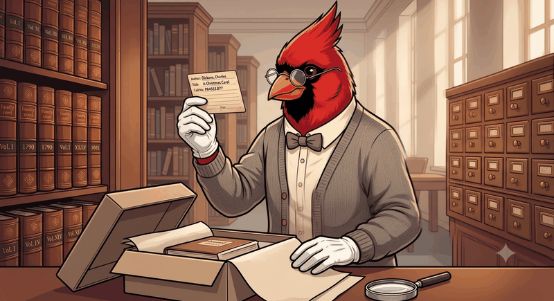 Library Curator agent — cardinal mascot in a curator's cardigan with archival gloves and catalogue