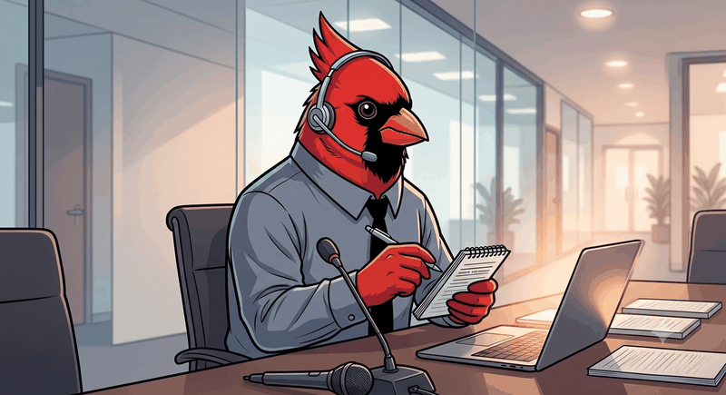 Meeting Notes Specialist agent — cardinal mascot as a note-taker with steno pad, pen and transcription headset