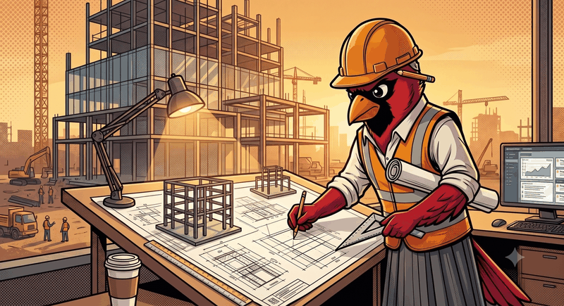 Solution Architect agent — cardinal mascot in an architect's hard hat with blueprints