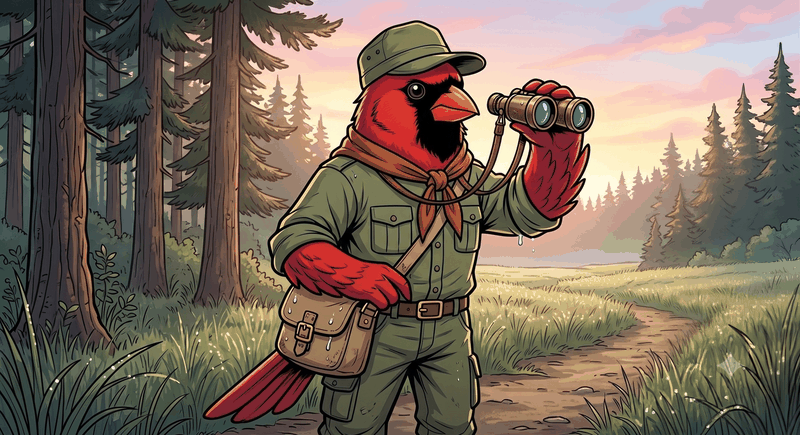 A Scout — cardinal mascot as field ranger with binoculars and satchel