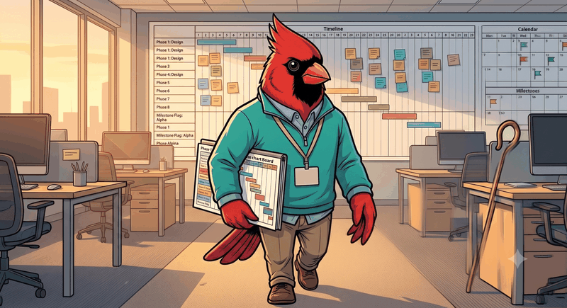 Project Shepherd agent — cardinal mascot as a project planner with a timeline board and shepherd's crook