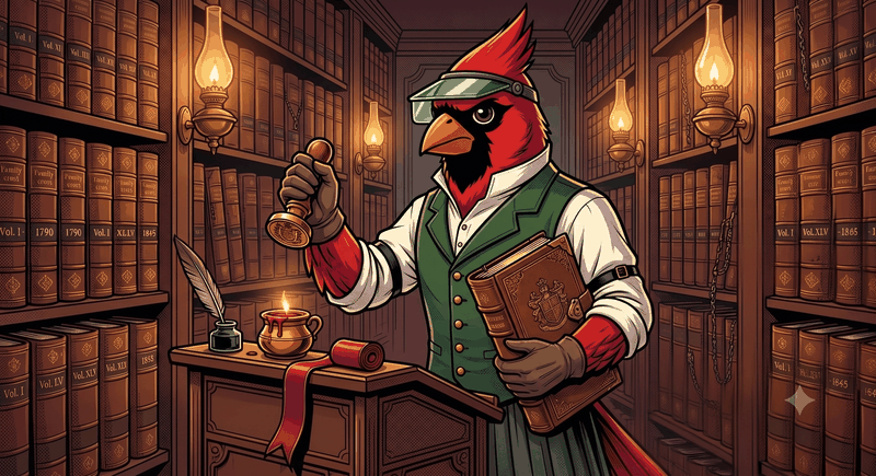 Steward agent — cardinal mascot in a ledger-keeper's waistcoat with bound ledger and seal