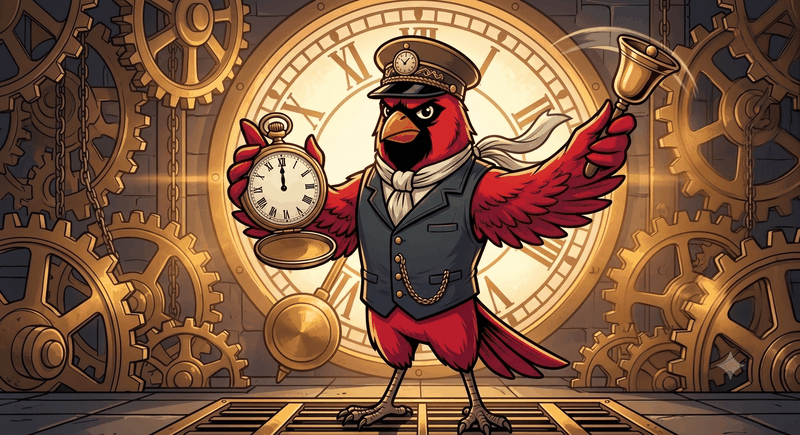 The Ticker — cardinal mascot as timekeeper with pocket watch and bell