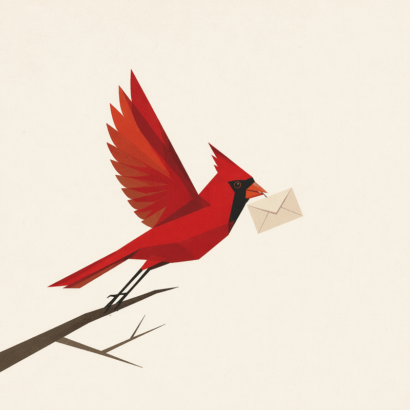 A geometric red cardinal carrying an envelope to deliver