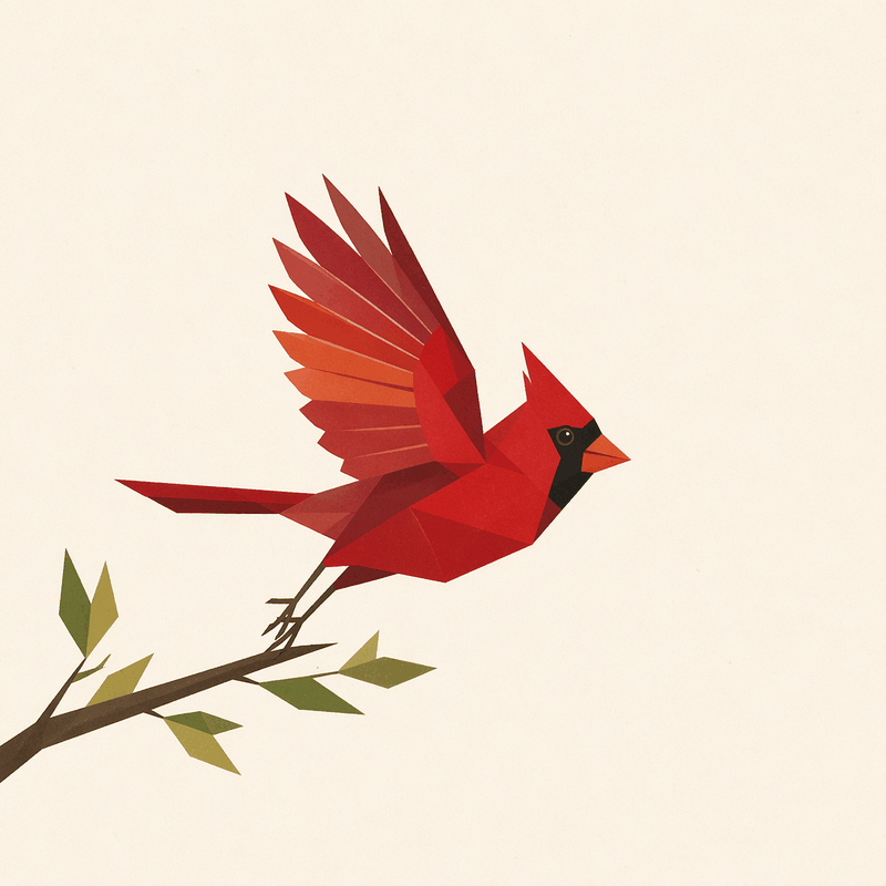 A geometric red cardinal taking its first flight from a branch