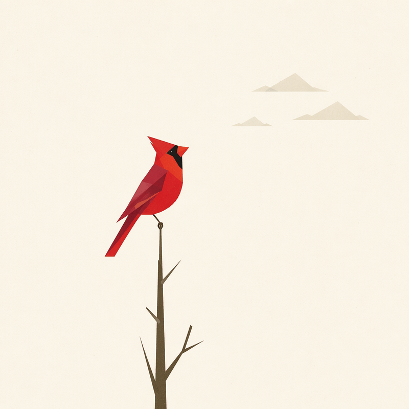 A geometric red cardinal gazing toward the horizon at dawn