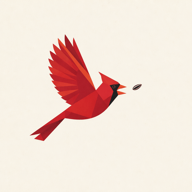 A geometric red cardinal in flight catching a seed mid-air