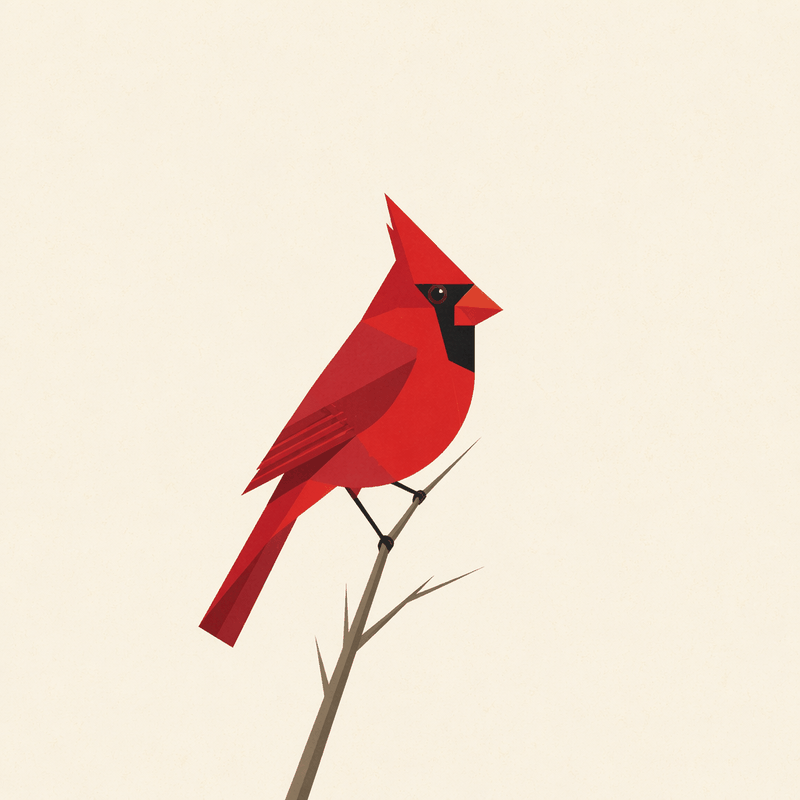 A geometric red cardinal perched on a lookout, alert and scanning