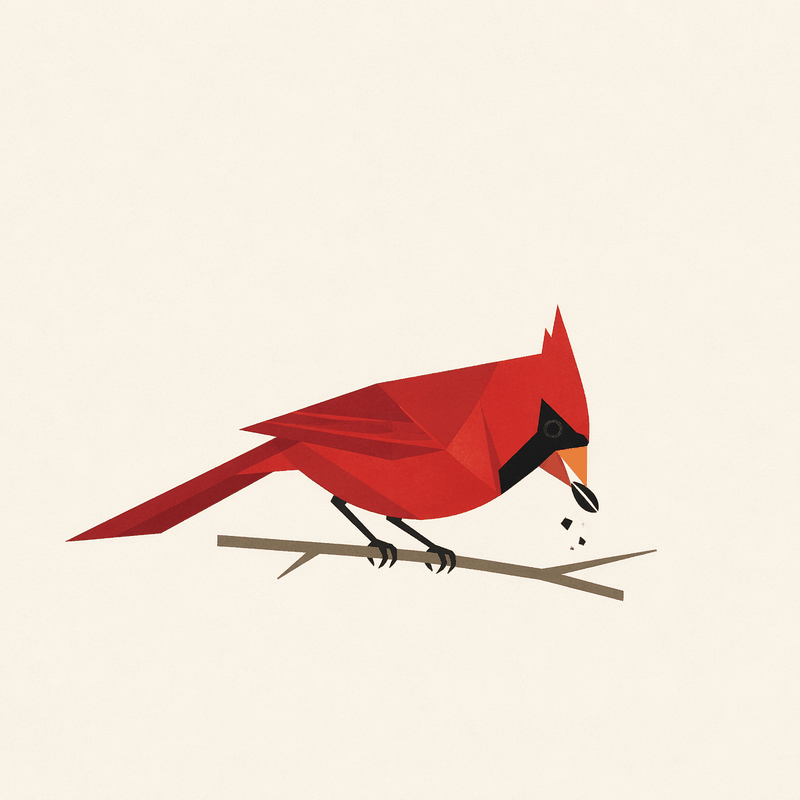 A geometric red cardinal cracking a seed in its beak