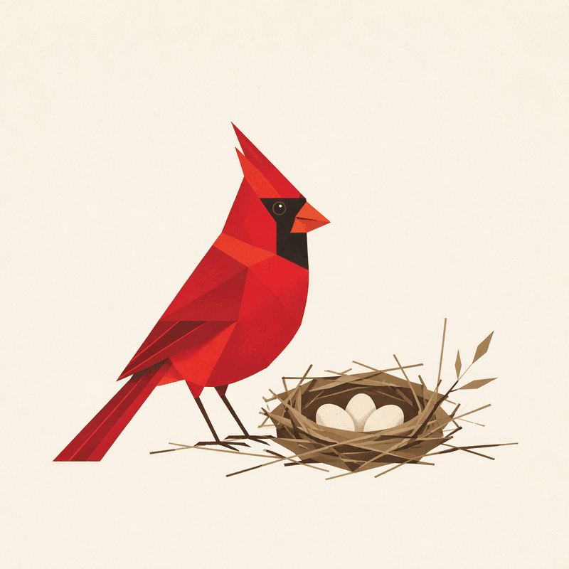 A geometric red cardinal standing guard over a nest of eggs