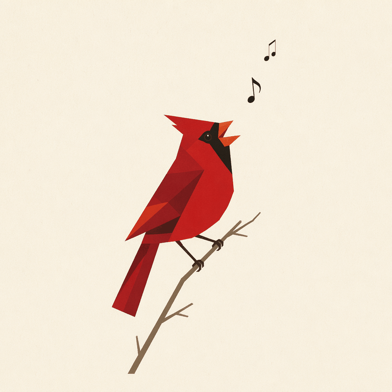 A geometric red cardinal singing at dawn