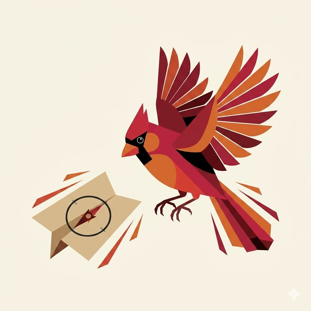 The Cardinal mascot — a geometric red cardinal in flight over an open compass